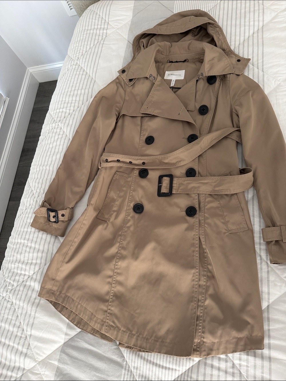 BCBGeneration Tan Trench Coat with Hood and Belt